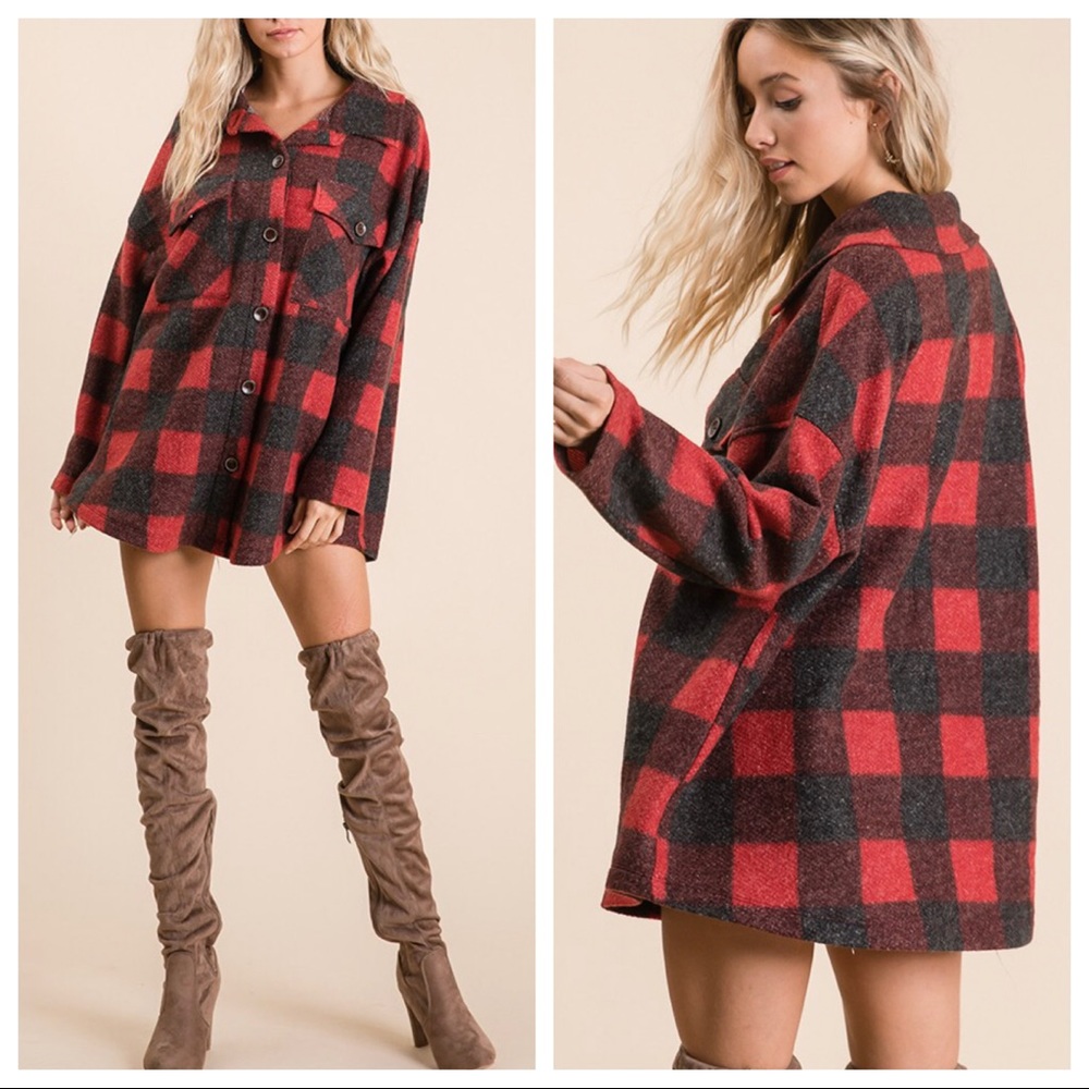 It’s All About The Buffalo Red Plaid Shacket Check Print Shirt Top Jacket - Picture 4 of 7